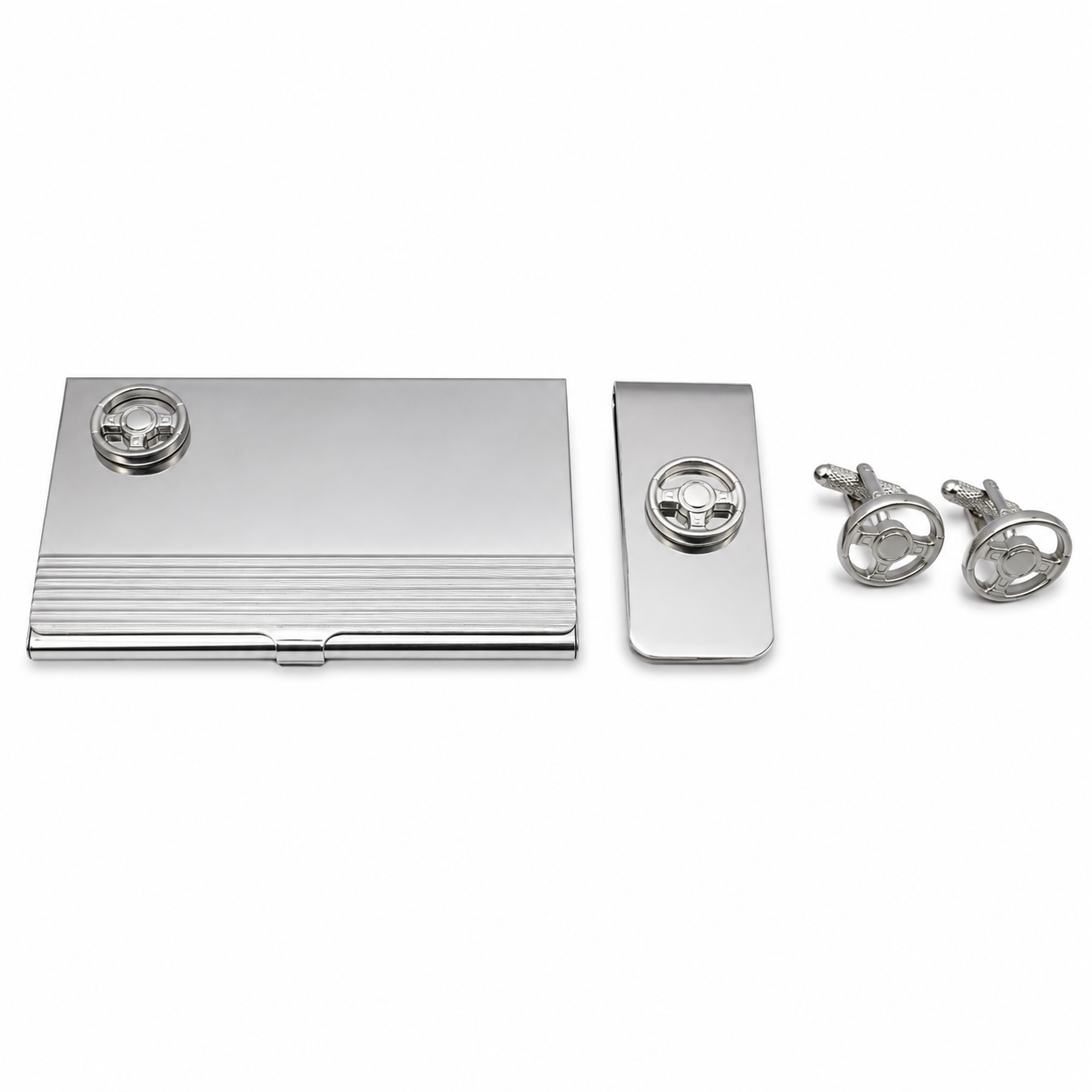 Steering Wheel Business Card Holder, Money Clip & Cufflink Set for Men–Onyx Art