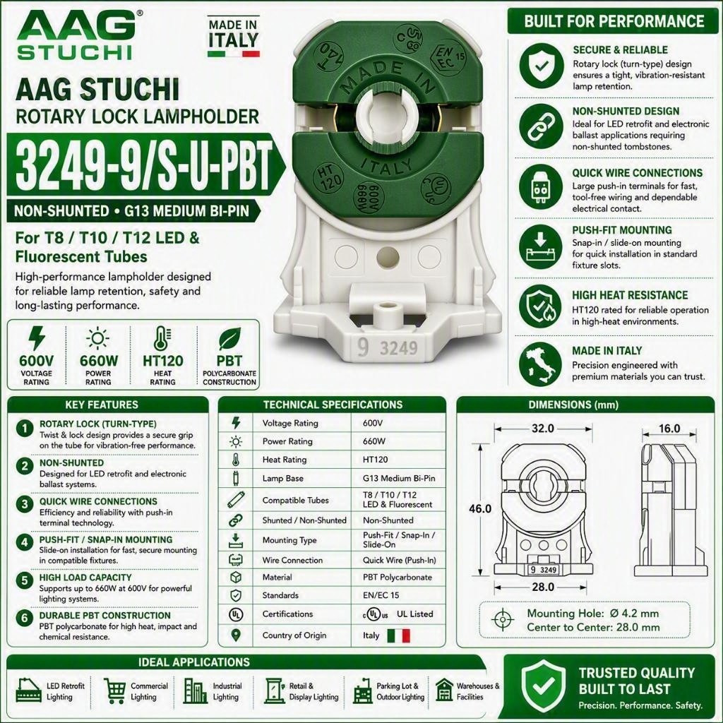 AAG Stucchi 3249-9/S-U-PBT Non-Shunted G13 Lampholder - Bulk Pack - 500 Pieces