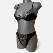 Vtg 90s Venus Bikini Swimsuit 2pc Underwire Hi Cut Black Gold Iridescent L/B