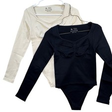 OQQ 2 Piece Bodysuits Women M Black Beige Seamless Ribbed Long Sleeve Tops NEW