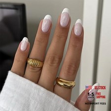 French Press on Nails Medium Almond Fake Nails Milky White Nails Press style35