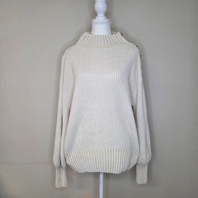 Cynthia Rowley Chenille Mock Neck Sweater Gold Shoulder Button Cream Large