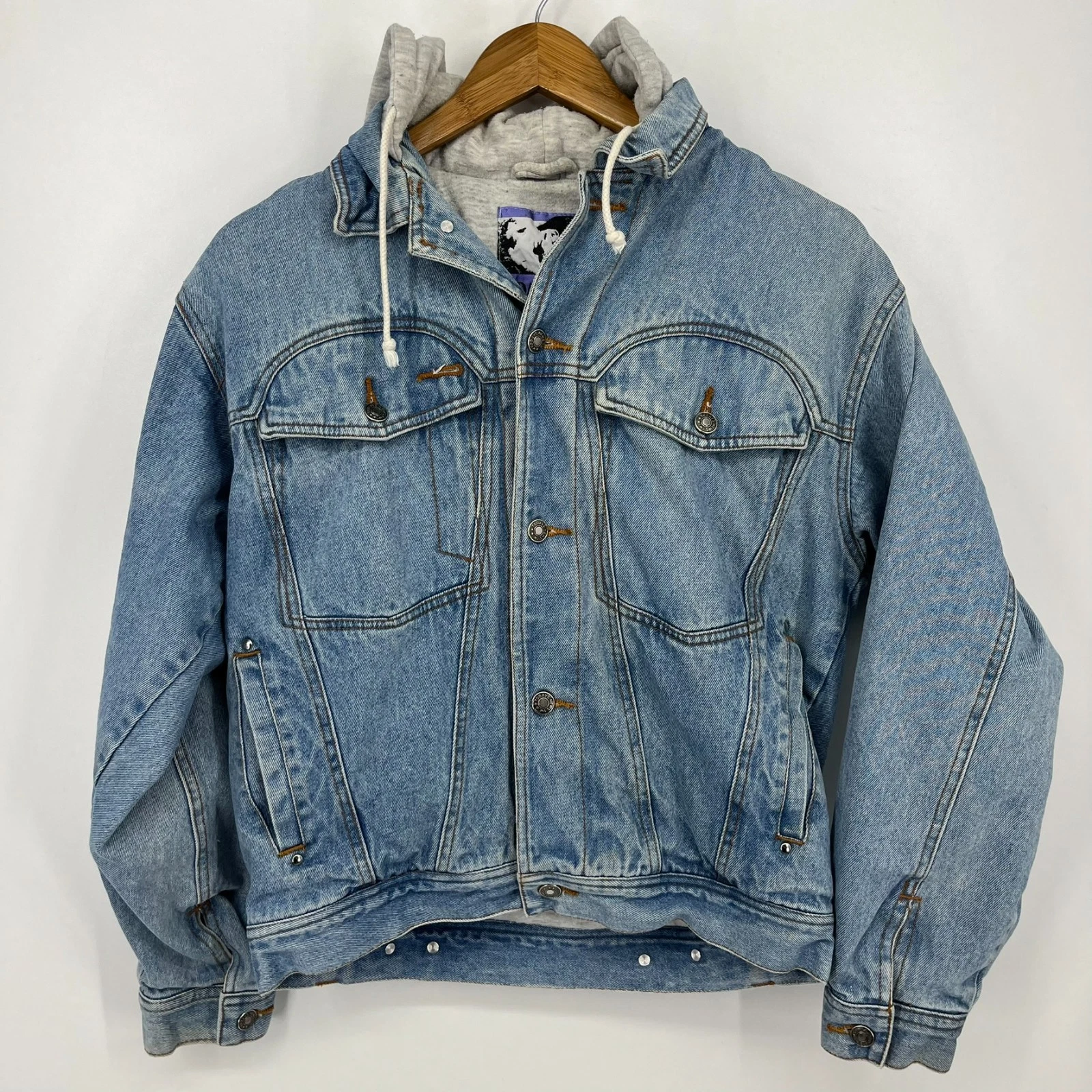 Todays News Denim Jacket Men's Size S Blue Vtg 90s Hooded Lined Button Closure