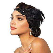 1920s Flapper Headpiece Black Feather Headband Rhinestone Roaring 20s Gatsby