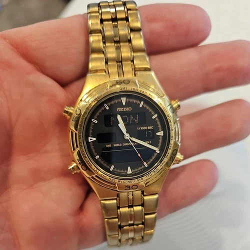 Preowned Vintage Seiko World Time Analog Digital Mens Watch H021-8018 Gold tone