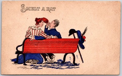 Smelt A Rat, Comic Couple On Red Bench w/ Suspicious Wordplay Caption, Postcard