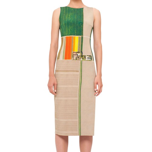 Akris Farm Flower Field Print Silk Dress Sheath Colorblock Stripe Tan Green 10