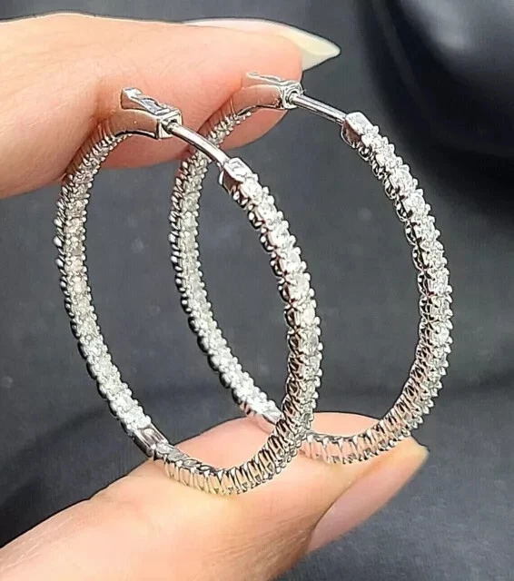 OFERTA! Pendientes de aro redondos de moissanita natural chapados en oro blanco de 10 quilates de 30 mm de 1,90 CTW Foto 4 de 4