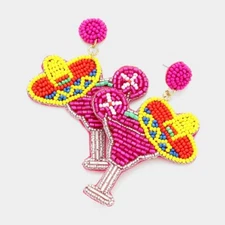 NEW Pink Cocktail Margarita Mexican Sombrero Beaded Sequin Statement Earrings 