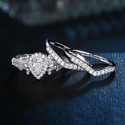 Expensive Trio Set Wedding Groom's Ring 14K White Gold 2 Ct Pear Cut Moissanite