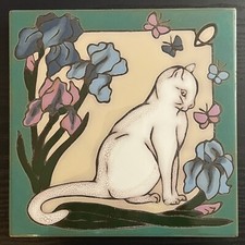 Mag Mor Studios Ceramic Art Tile Trivet Cat Kitten Butterfly Iris Flowers 8? Vtg