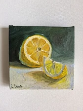 Lemon slice fruit still life oil painting realistic citrus wall decor 4x4"