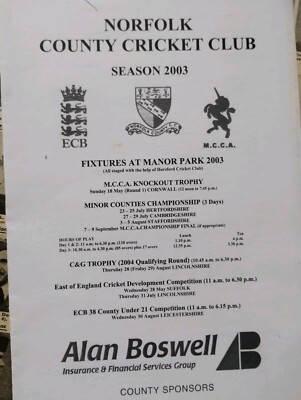 Sk40 Ephemera Cricket Scorekarte Norfolk V Cambridgeshire 2003