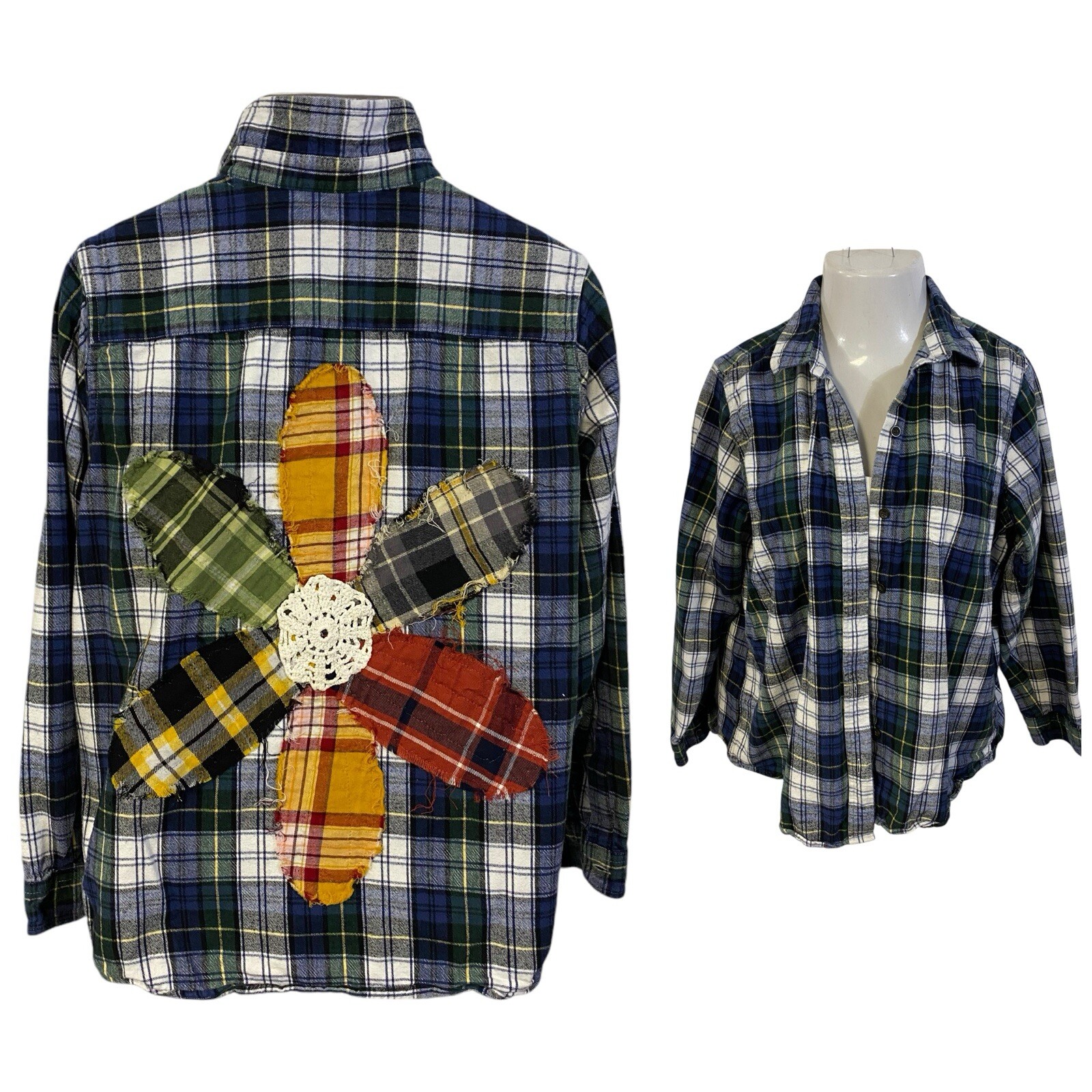 Upcycled Flannel Shirt Womens XL Lagenlook Distressed Grunge Country Patchwork-image