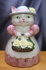 Victorian Style Cat Cookie Jar Pink Dress Blue Hat Albert Price 10 "