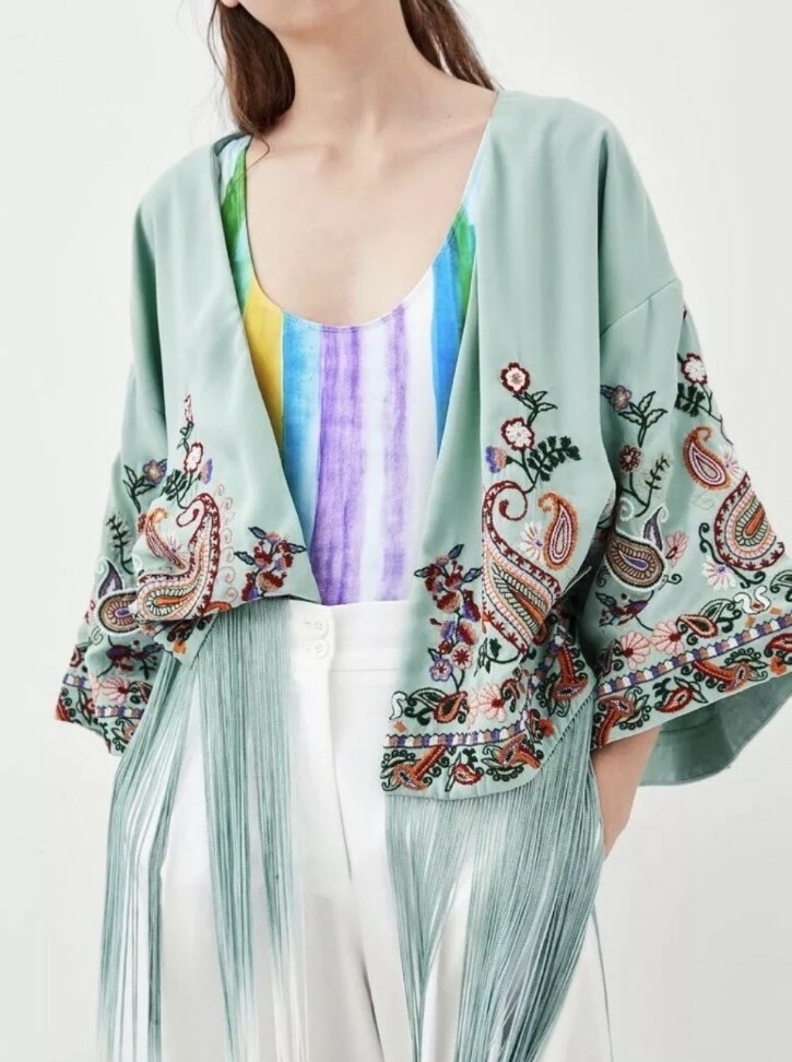 ZARA Floral Embroidered Ombre Fringe Oriental Kimono BNWT Green White Sz  S-M | eBay