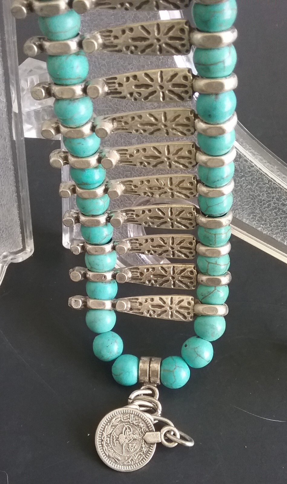 Silvertone Turquoise Beaded Bracelet - image 8