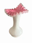 Fenton Vase Pink Ruffle Jack in Pulpit Glass Vase 9" Milk White 1940's Vintage