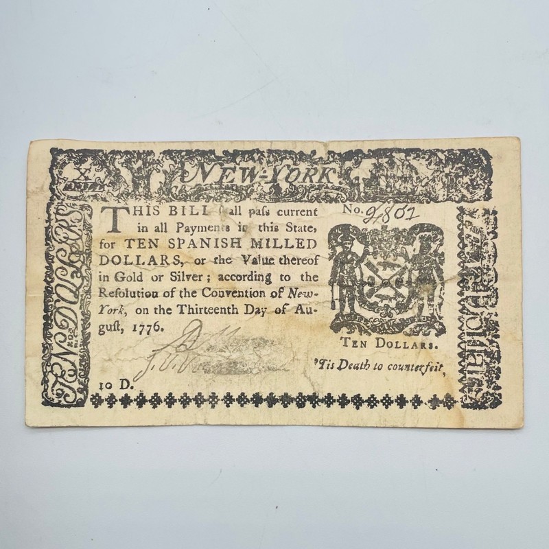 1776 New York Ten Dollars Bill Colonial Currency