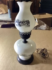 Vintage Currier and Ives Milk Glass Electric Lamp Horses Barn Farm White 15.5