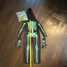 Kids Skeleton Hooded Jumpsuit Costume Set w Gloves Green Skull Mask Size S
