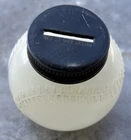 VINTAGE BASEBALL ~ MILK GLASS BASEBALL COIN BANK - TIN BOTTOM - 3.5" round -