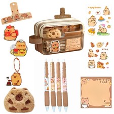 Kawaii Capybara Pencil Case Kit with Plush Notepad Pendant Stickers Binder c...
