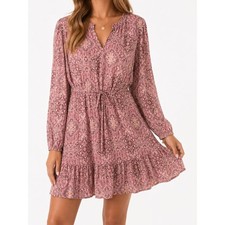 Madewell XS Pink Boho Paisley Floral Shift Dress Ruffle Hem Long Sleeve Mini
