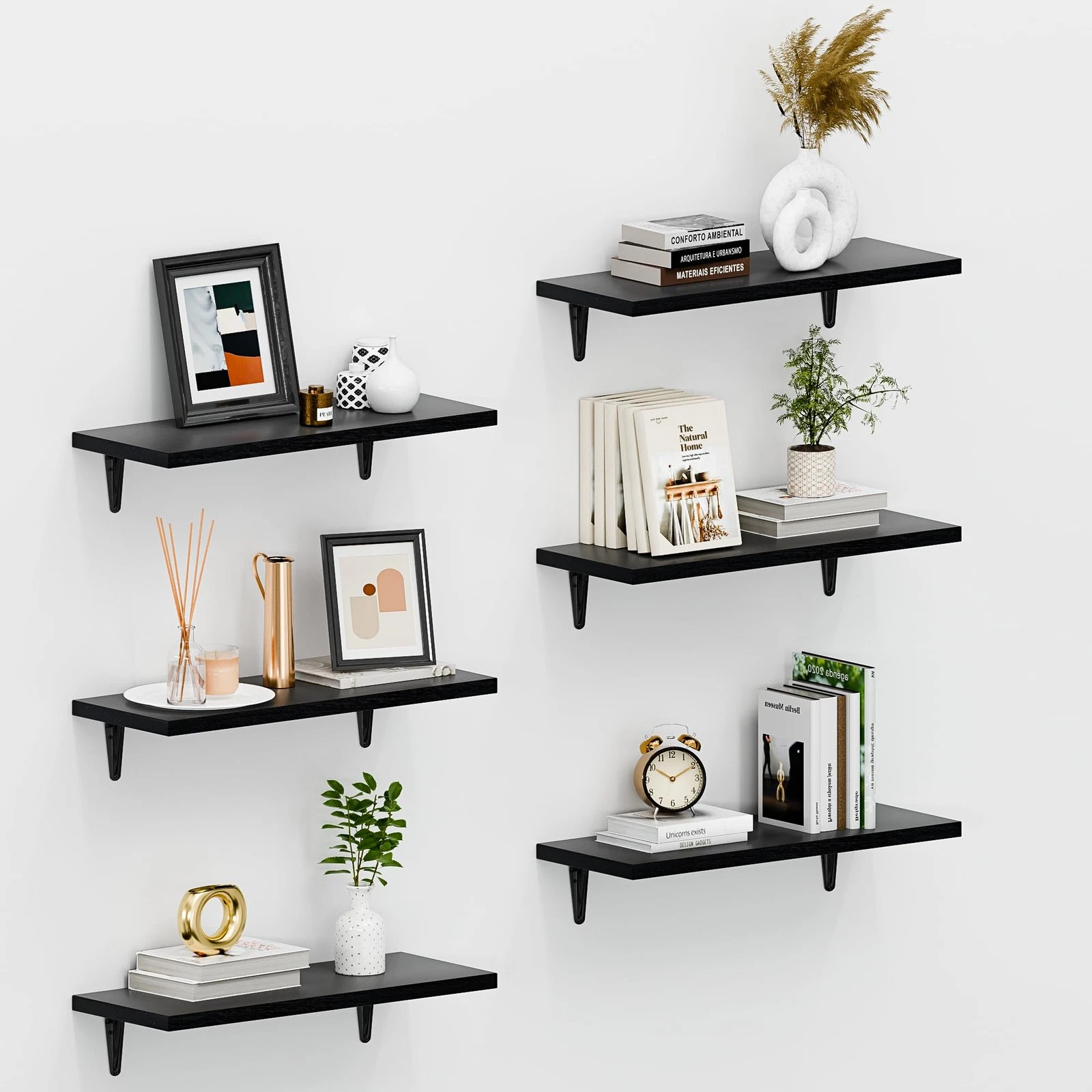 6 PCS Floating Shelves Wall 15.7in Wood Decor Bathroom Bedroom Storage Black