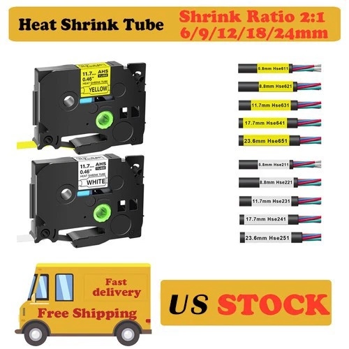 GREENCYCLE Compatible For Brother P-Touch Heat Shrink Tube Multi-Options White/Yellow HSE
