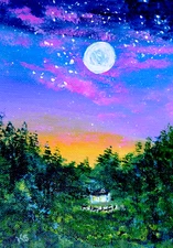 Starry night landscape artist trading art card print of original painting 2.5x3.