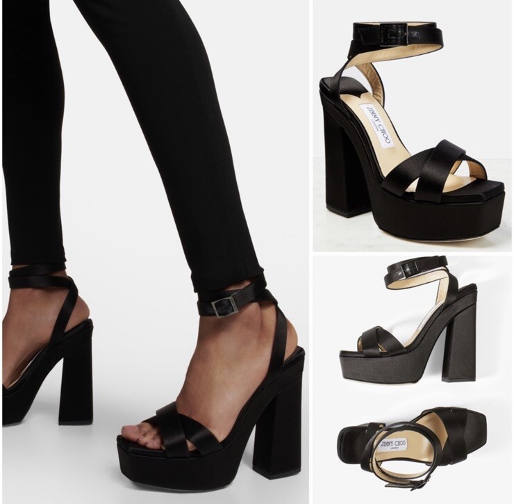 Jimmy Choo Gaia 140 Black Satin Platform Heeled Sandals Sz