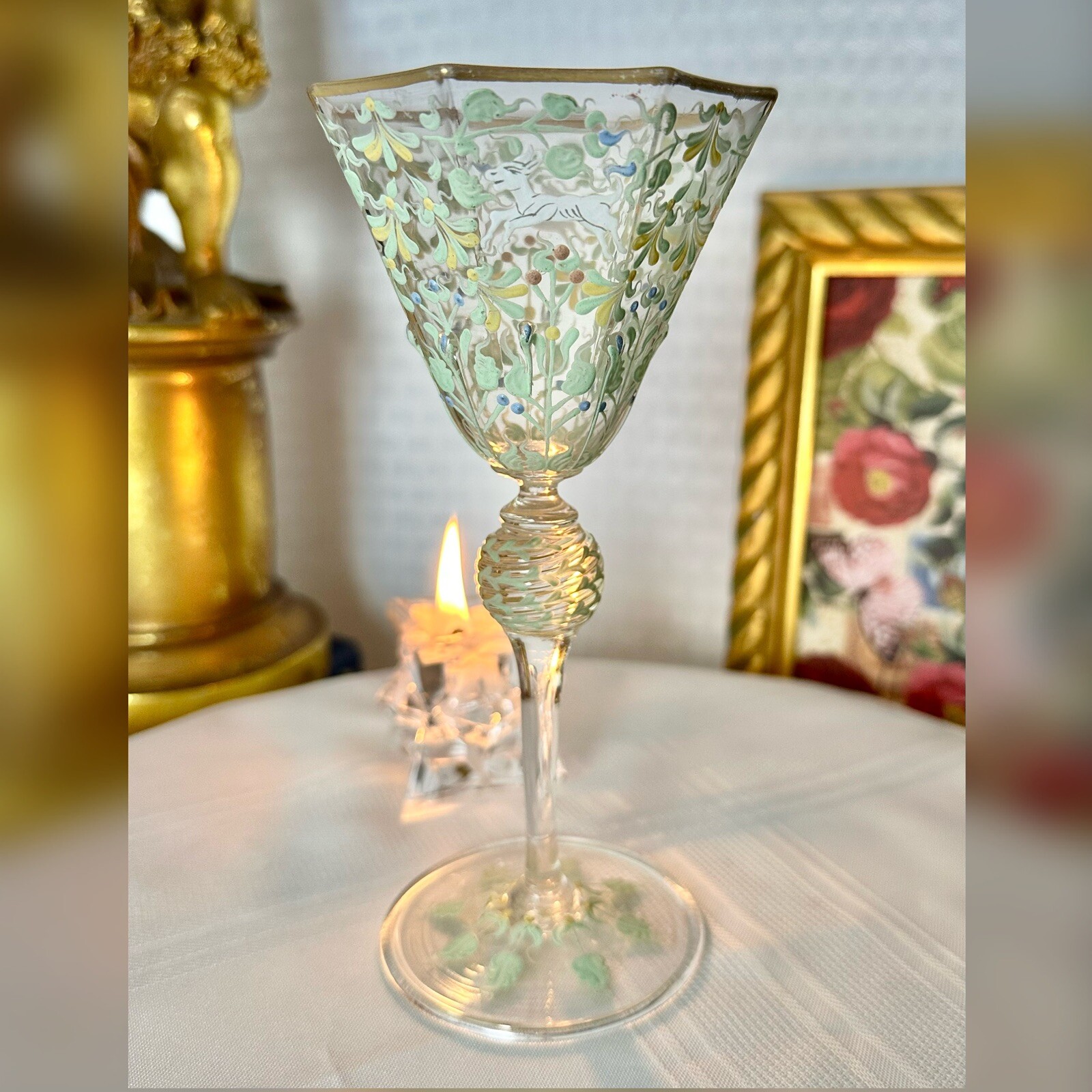 Moser Salvati Canine & Foliate Wine Glass Enameled c1900's Antique Gold Trimmed