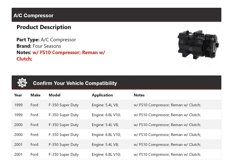 Compresor de aire acondicionado para Ford F-350 Super Duty 1999-2001 4 estaciones 2000 Foto 2 de 4