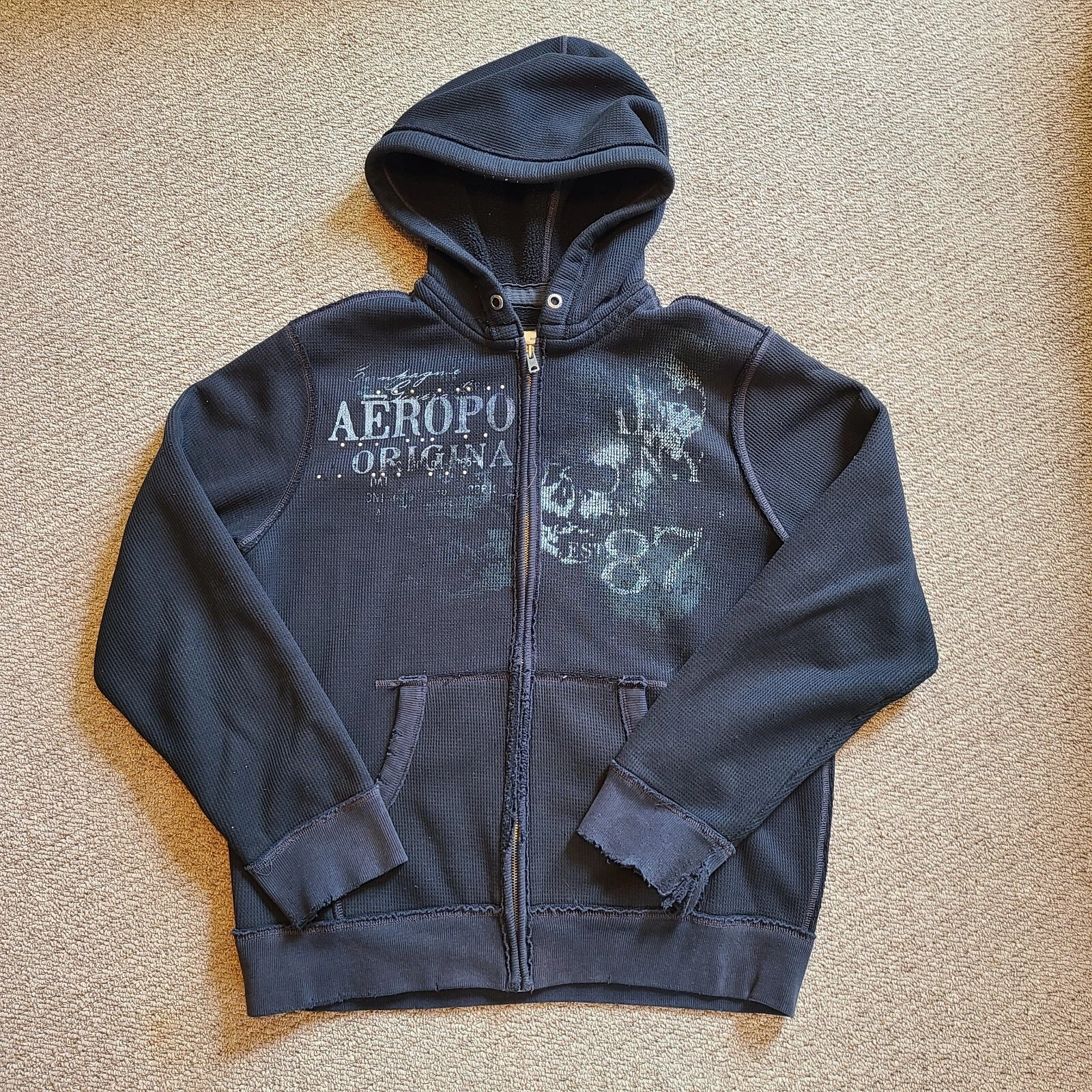 Aeropostale Sweater Mens Large Black Thermal Hoodie Waffle Skull Grunge Flaws