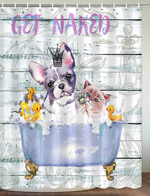 NEW Get Naked Shower Curtain Dog & Cat Taking A Bath Waterproof Fabric 12 Hooks