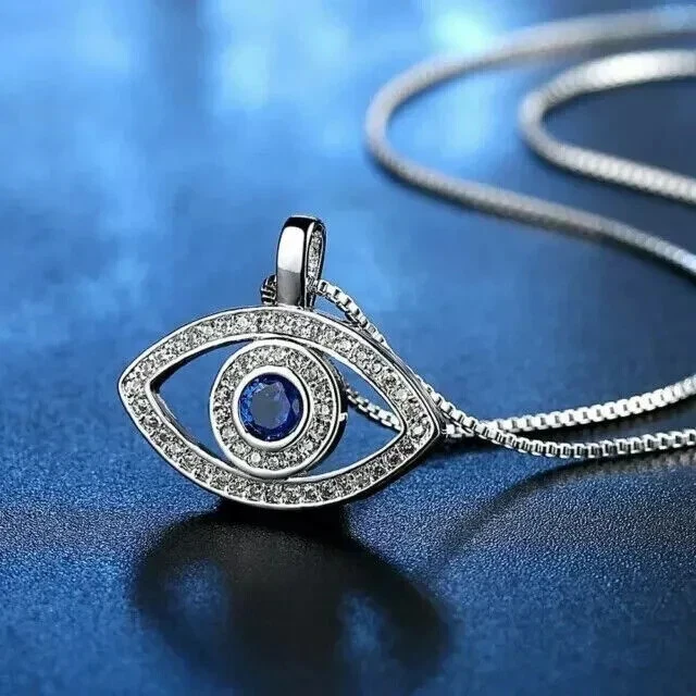 Colgante Mal de Ojo Chapado en Oro Blanco 14K 2.1Ct Corte Redondo Creado en Laboratorio Zafiro Azul Foto 2 de 4