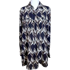 St. John Geometric Print Tunic Top Black Brown White Long Sleeve Silk Blend LRG