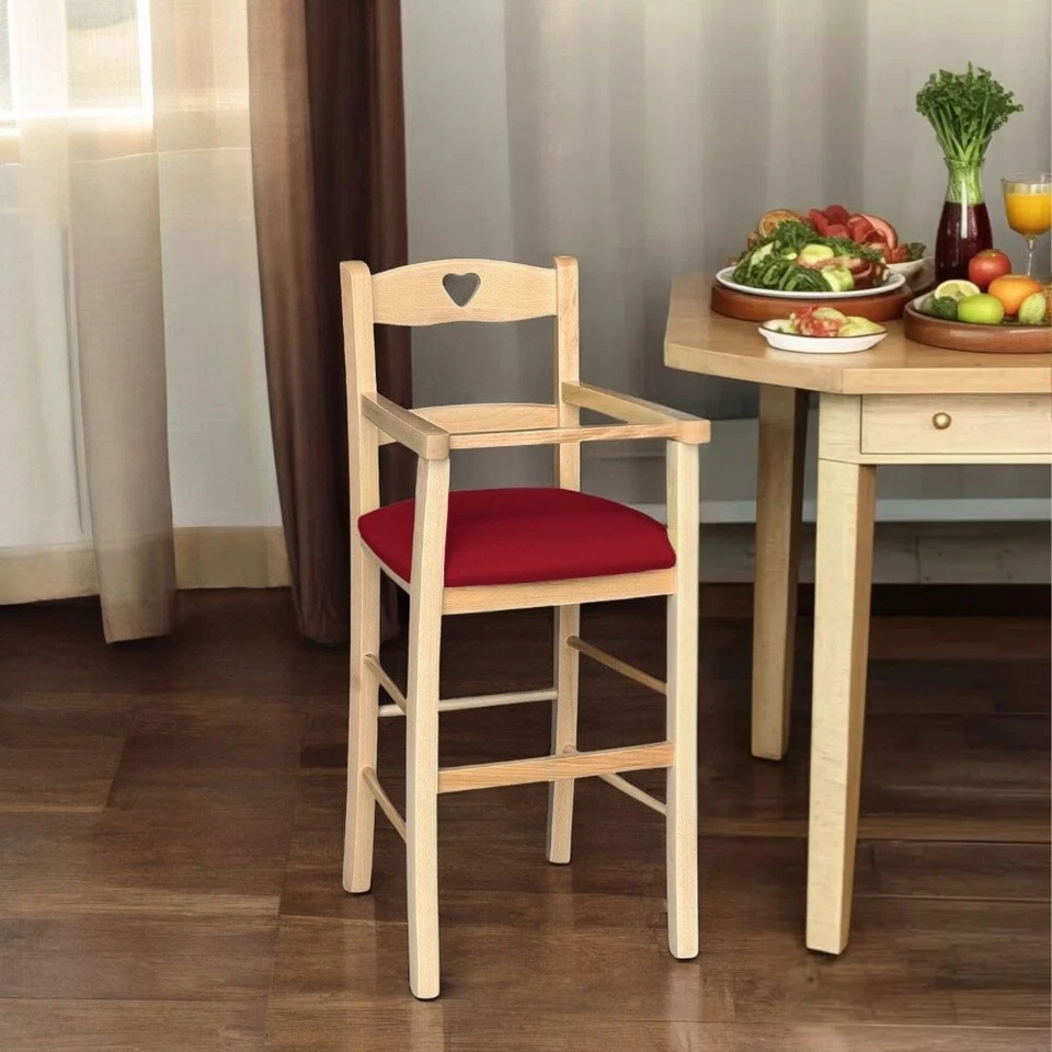 Seggiolone in legno color naturale con seduta imbottita in similpelle rosso - Immagine 4 di 4