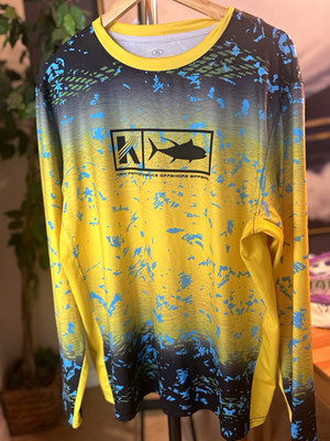 Koofin XL Fishing Long Sleeve Polyester Crew Neck Fish Graphic Shirt Yellow