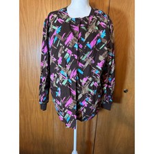 Scrub H.Q. Womens Abstract Print Scrub Jacket Brown Pink Blue Snap Front Size M