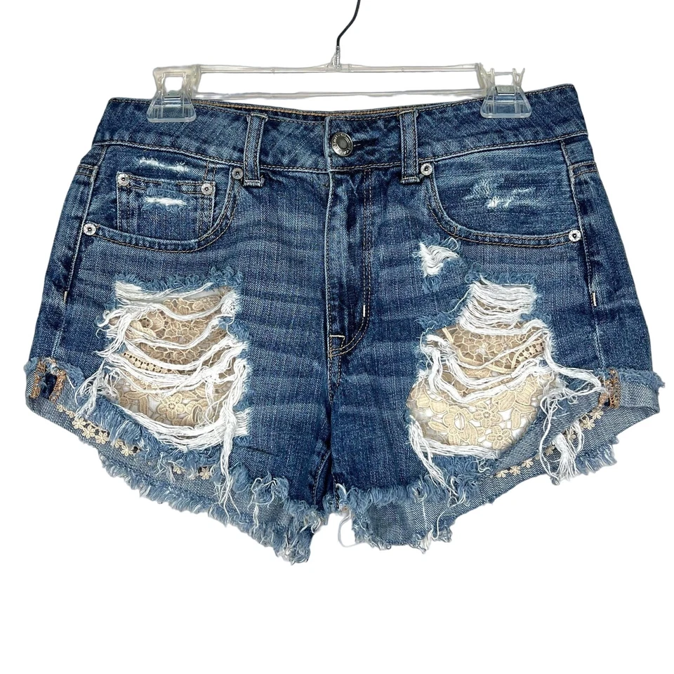 American Eagle Outfitters High Rise Festival Cut Off Lace Denim Shorts 6 - Image 2 of 4