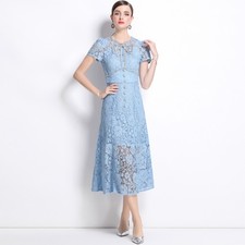 Retro French Style Women's Lace Bowknot Mid Long Dress Short Sleeve Slim Fit Zip