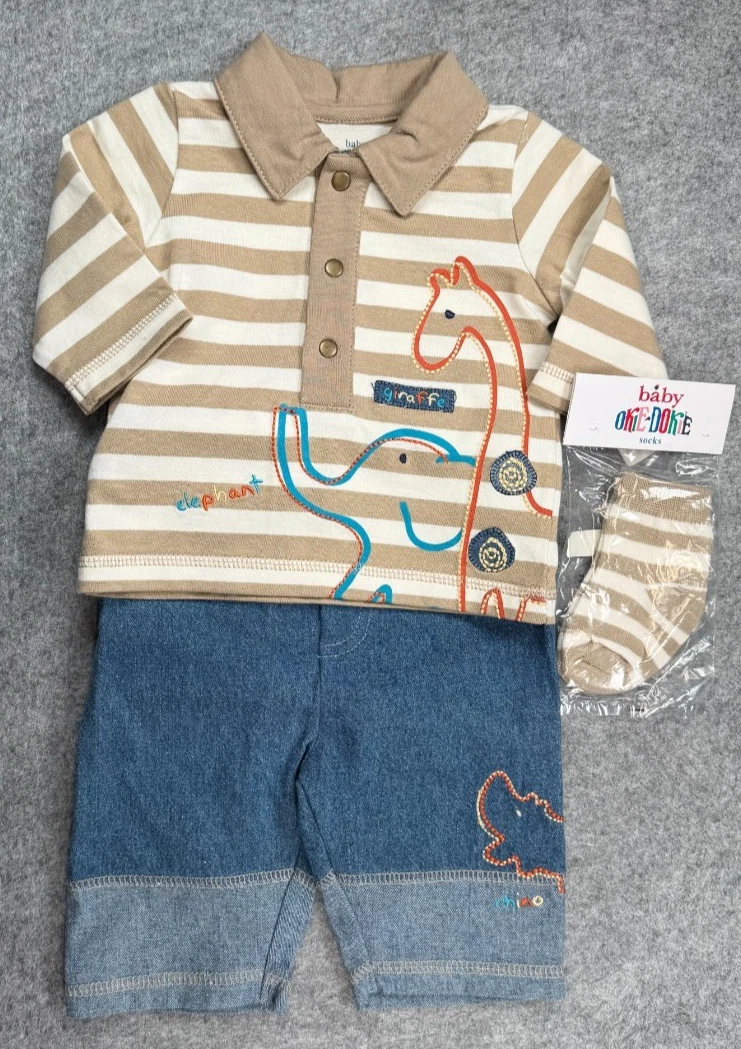 Baby Boy Clothes New Vintage 0-3 Month Okie Dokie 3pc Zoo Animals Outfit
