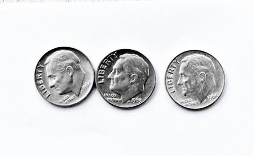 LOT X 3 AU Roosevelt Dimes 1964(2), 1964-D(1)  90% FINE Silver Stacker