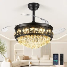 42" Fandelier Ceiling Fan with Light, Crystal Retractable Ceiling Fan with Li...