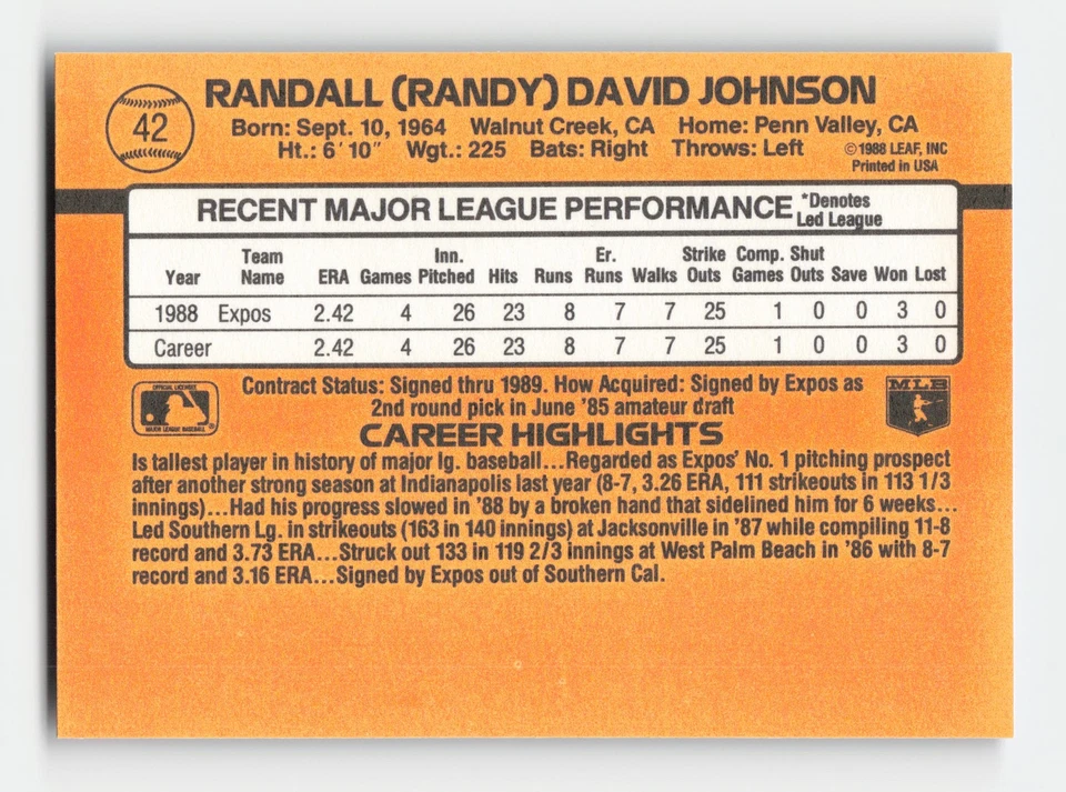 1989 Donruss #42 Randy Johnson RC Near Mint or Better - Image 2 of 2