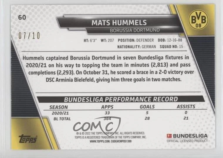 2021-22 Topps Bundesliga Black Foil /10 Mats Hummels #60 - Image 2 of 2