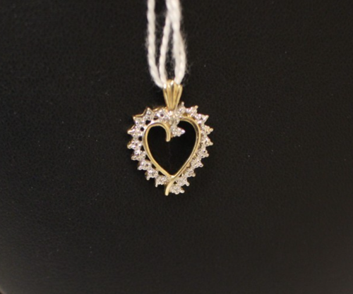 (RI1) 10K Yellow Gold Diamond Heart Pendant - 3/4" - 1.2 Grams - .21 TCW - Zdjęcie 2 z 3