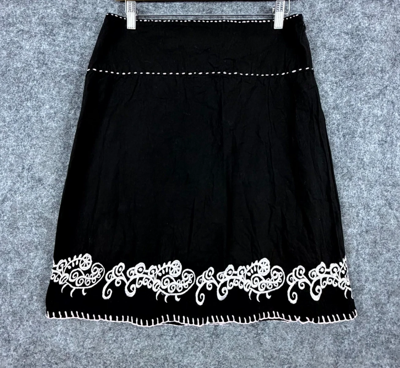 prAna A-Line Skirt Womens 8 Black White Embroidered Paisley Print Office Chic